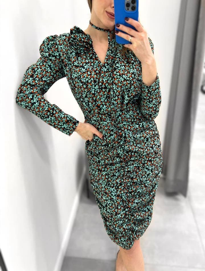 Платье Monica 2155 сборка бирюзовые цветы
