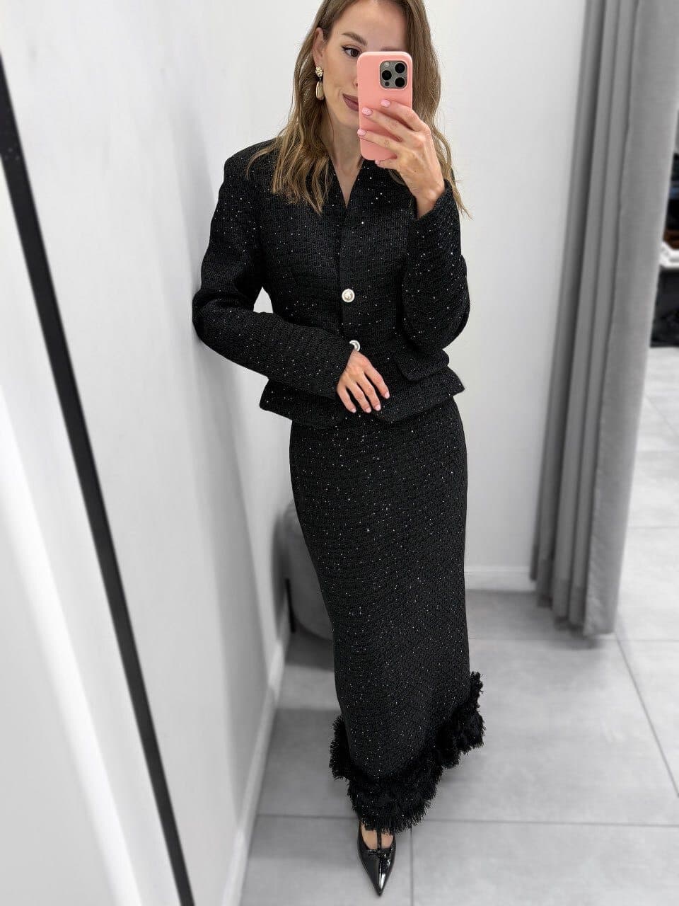 Костюм с юбкой Trendy 4438 твидовый в пайетку